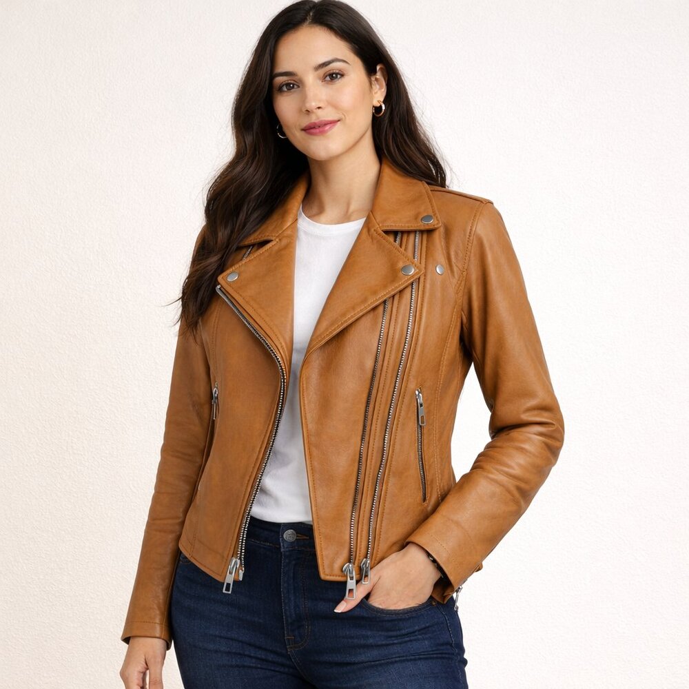 Spanish Genuine Sheep Leather Double Zip Moto Biker Jacket Brown - Picture 2 of 6